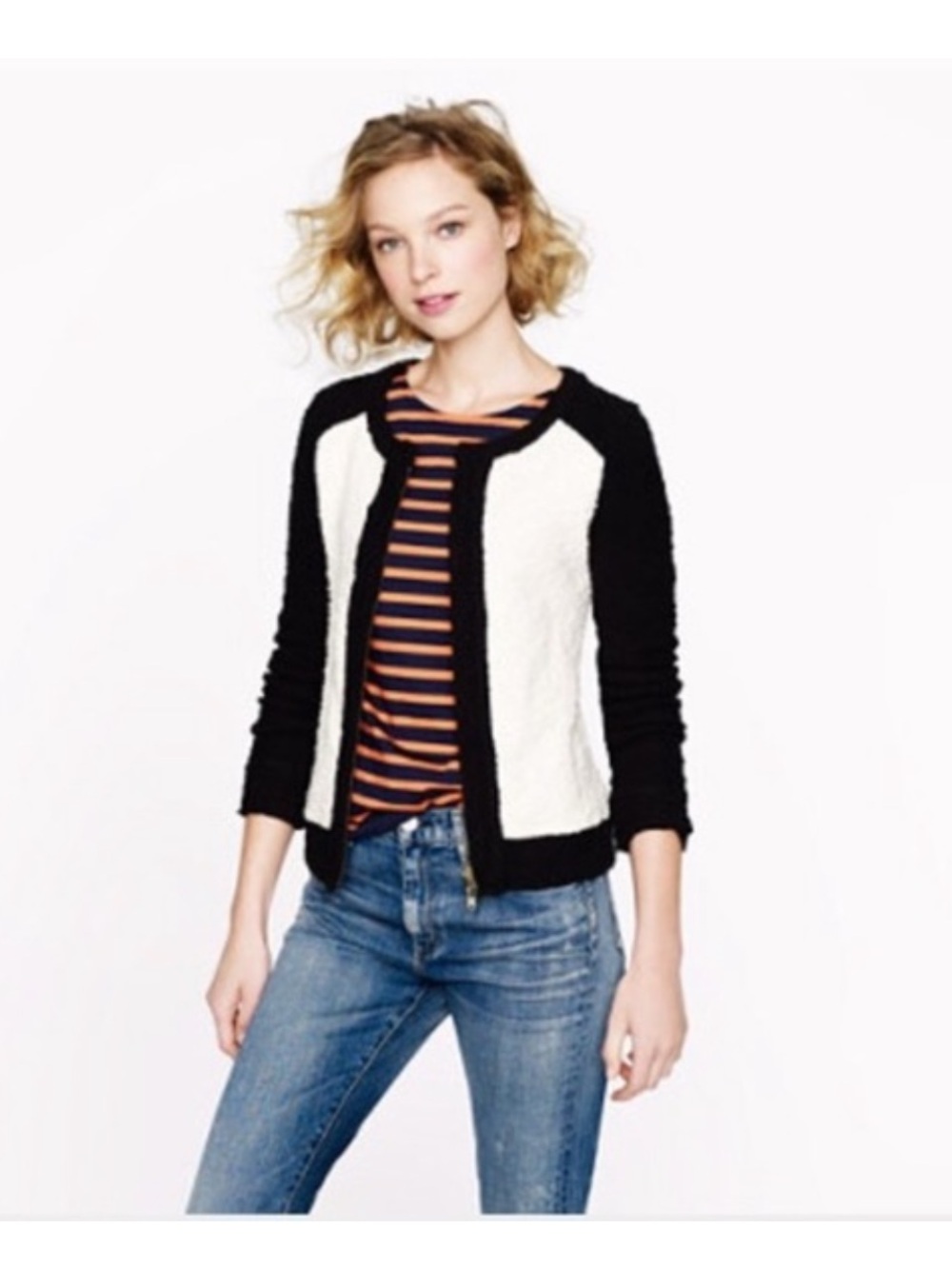 J. CREW • Blogger’s Favorite Boucle Baseball Colorblock Black & White Zip Jacket - Picture 3 of 14